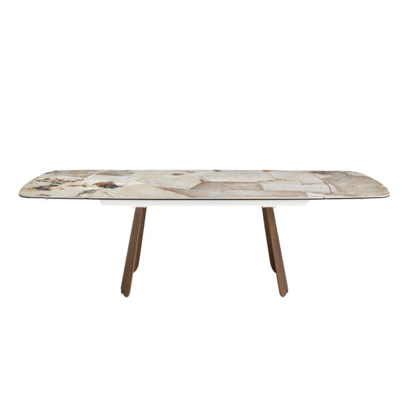 Mesa comedor extensible ovalada barril mármol porcelánico y nogal