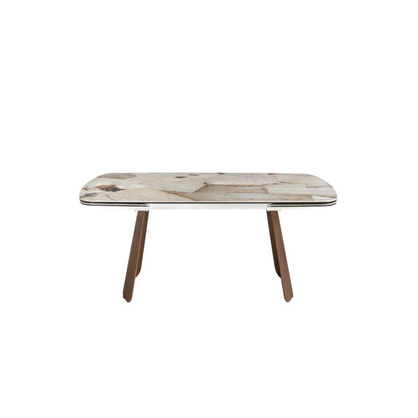 Mesa comedor extensible ovalada barril mármol porcelánico y nogal