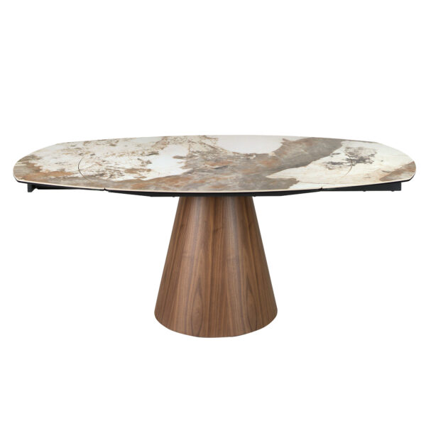 Mesa comedor extensible ovalada barril mármol porcelánico y nogal