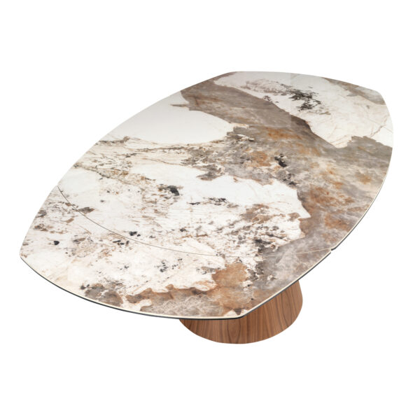 Mesa comedor extensible ovalada barril mármol porcelánico y nogal