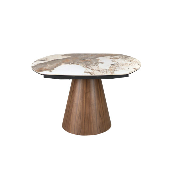 Mesa comedor extensible ovalada barril mármol porcelánico y nogal