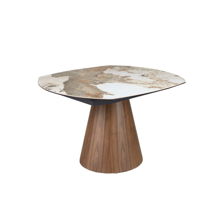 Mesa comedor extensible ovalada barril mármol porcelánico y nogal