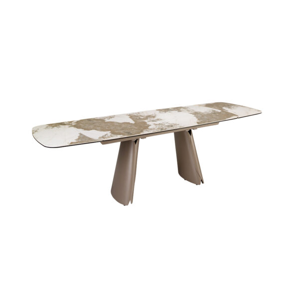 Mesa comedor extensible ovalada barril mármol porcelánico y acero taupé metalizado