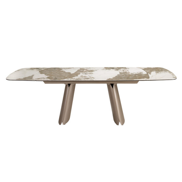 Mesa comedor extensible ovalada barril mármol porcelánico y acero taupé metalizado