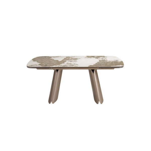 Mesa comedor extensible ovalada barril mármol porcelánico y acero taupé metalizado