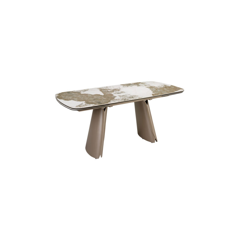 Mesa comedor extensible ovalada barril mármol porcelánico y acero taupé metalizado