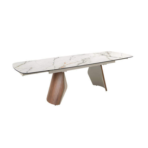 Mesa comedor extensible ovalada barril mármol porcelánico, acero arena metalizado y nogal
