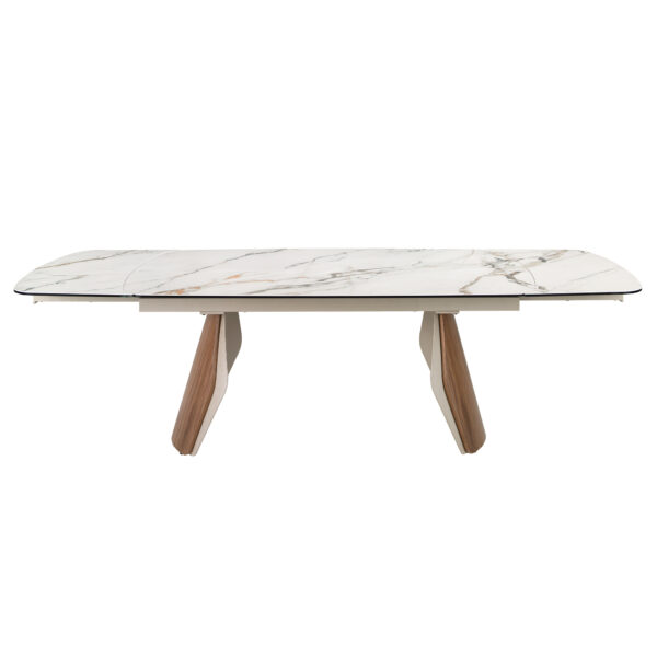 Mesa comedor extensible ovalada barril mármol porcelánico, acero arena metalizado y nogal