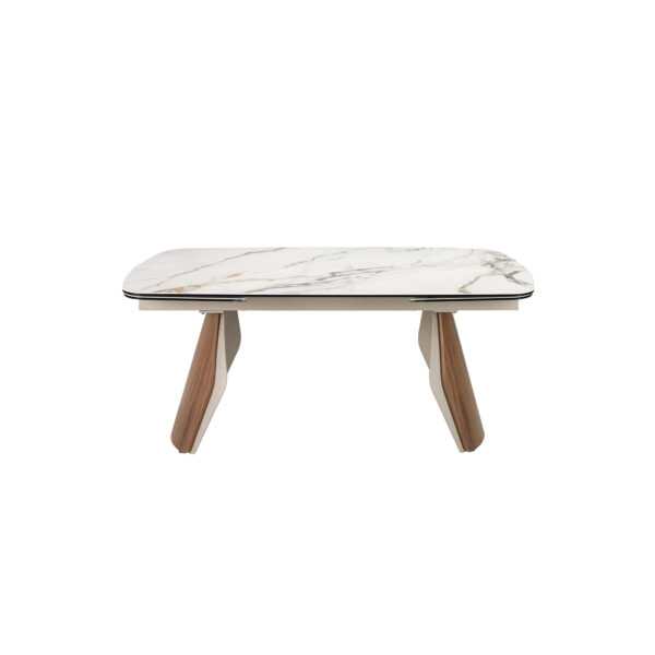 Mesa comedor extensible ovalada barril mármol porcelánico, acero arena metalizado y nogal