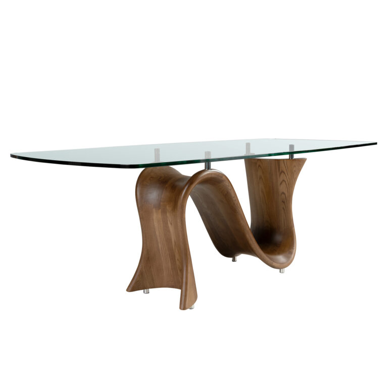 Mesa comedor ovalada barril cristal templado y nogal