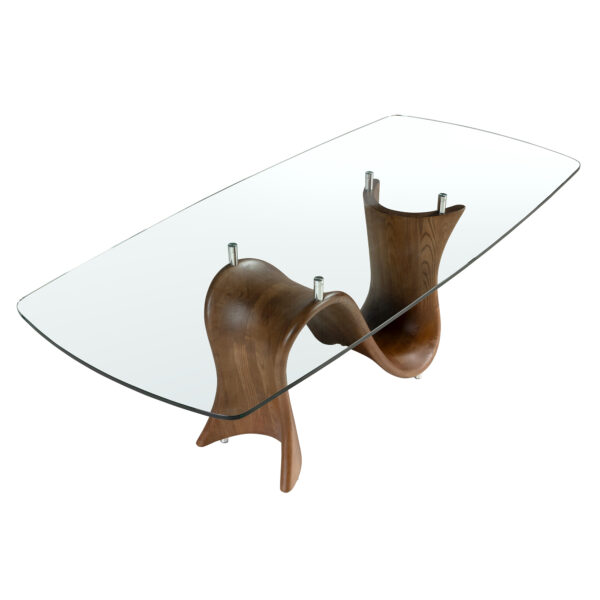 Mesa comedor ovalada barril cristal templado y nogal