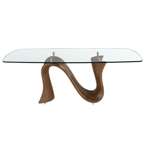 Mesa comedor ovalada barril cristal templado y nogal