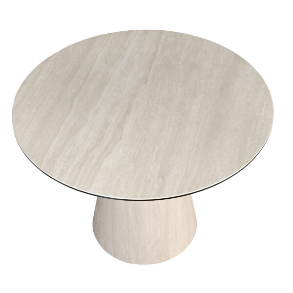 Mesa comedor redonda mármol porcelánico y madera revestida con lámina de mármol porcelánico flexible