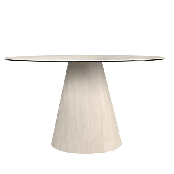 Mesa comedor redonda mármol porcelánico y madera revestida con lámina de mármol porcelánico flexible