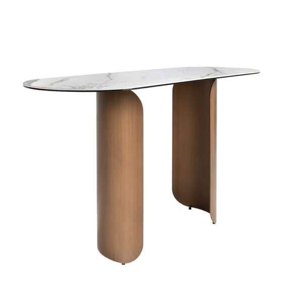 Consola ovalada medio punto mármol porcelánico y acero color bronce
