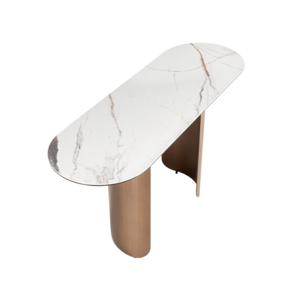 Consola ovalada medio punto mármol porcelánico y acero color bronce