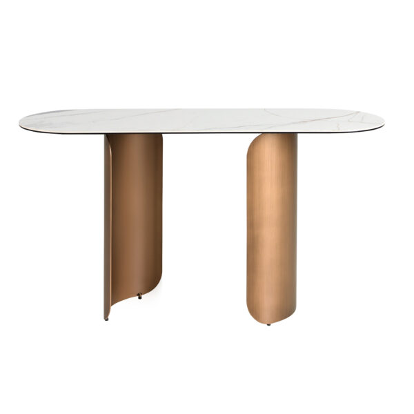 Consola ovalada medio punto mármol porcelánico y acero color bronce