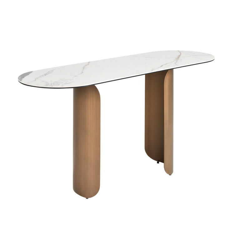 Consola ovalada medio punto mármol porcelánico y acero color bronce