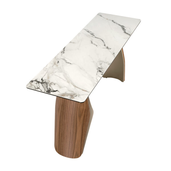 Consola rectangular mármol porcelánico, acero arena metalizado y nogal