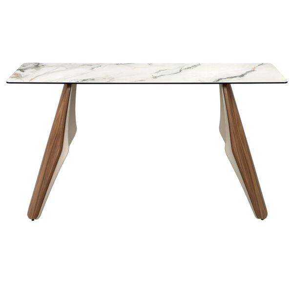 Consola rectangular mármol porcelánico, acero arena metalizado y nogal