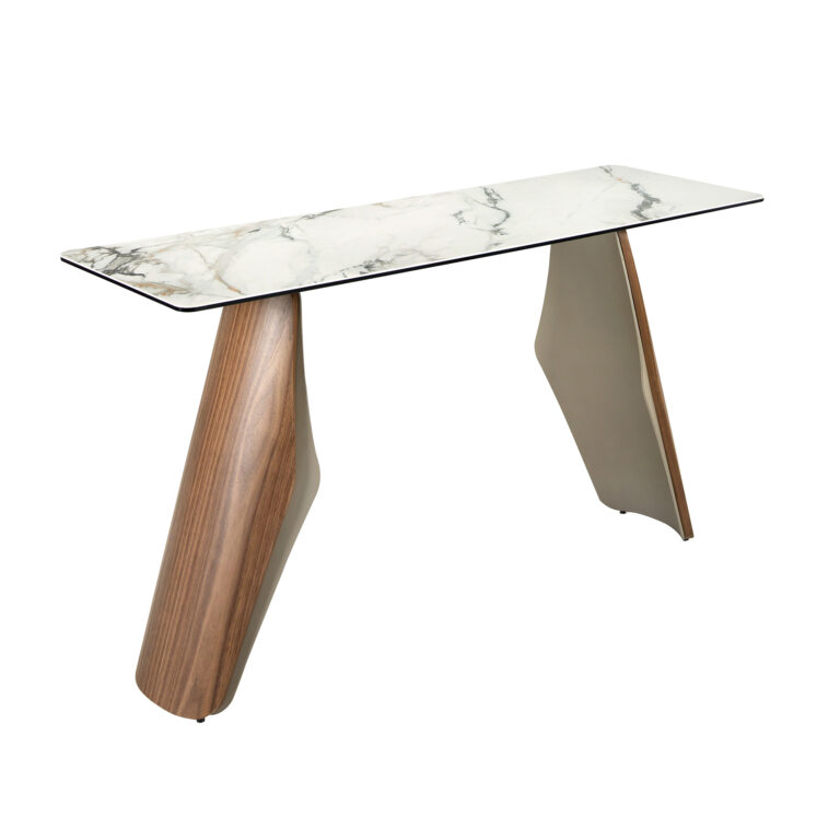 Consola rectangular mármol porcelánico, acero arena metalizado y nogal
