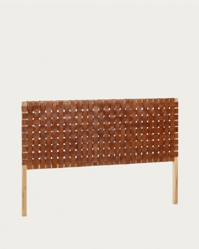 Cabecero Calixta de piel y madera maciza de teca con acabado natural para cama de hasta 15