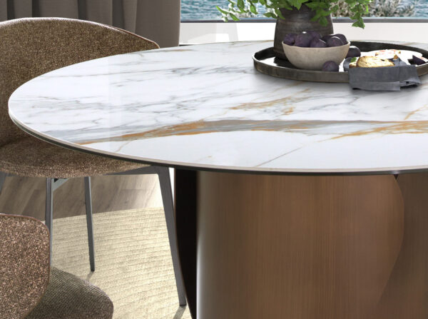 Mesa comedor redonda mármol porcelánico y acero color bronce