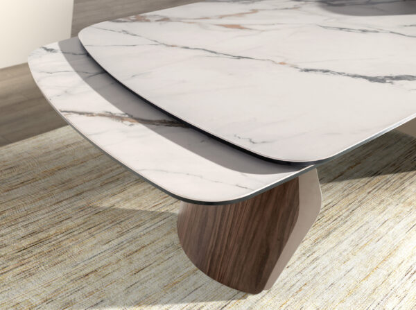 Mesa comedor extensible ovalada barril mármol porcelánico, acero arena metalizado y nogal