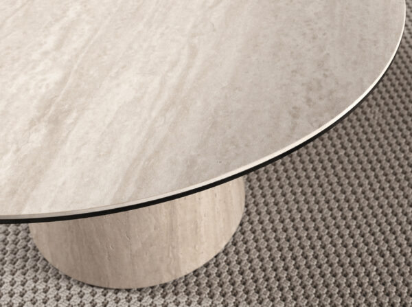 Mesa comedor redonda mármol porcelánico y madera revestida con lámina de mármol porcelánico flexible
