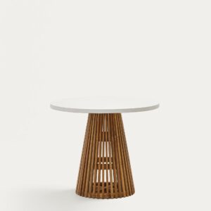 Mesa redonda de exterior Alcaufar de madera maciza de teca y cemento blanco Ø 90 cm