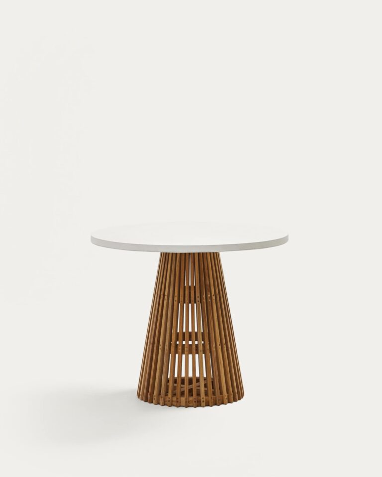Mesa redonda de exterior Alcaufar de madera maciza de teca y cemento blanco Ø 90 cm