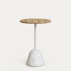Mesa alta de bar Saura pie de terrazo blanco y sobre de acacia acabado natural Ø70x99cm