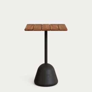 Mesa alta de bar Saura sobre de acacia acabado nogal y pie de cemento negro 70x70x99 cm