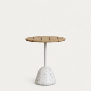 Mesa Saura con sobre de acacia con acabado natural y pie de terrazo blanco Ø70x75cm