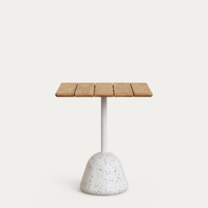 Mesa Saura sobre de acacia con acabado natural y pie de terrazo blanco 70x70x75cm