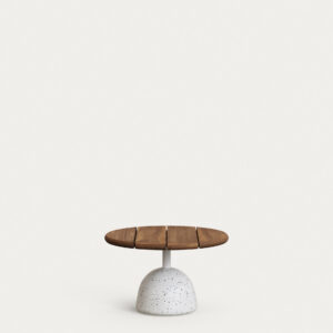 Mesa de centro Saura con sobre de acacia acabado nogal y pie de terrazo blanco Ø43x35 cm