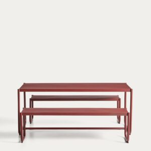 Set Sotil de 2 bancos y mesa de acero galvanizado con acabado granate 183 x 83 cm