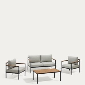 Set Aiguafreda de sofá 2 plazas, 2 sillones y mesa aluminio gris y madera acacia FSC 100%