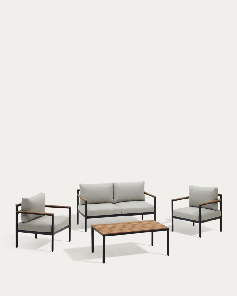 Set Aiguafreda de sofá 2 plazas, 2 sillones y mesa aluminio gris y madera acacia FSC 100%