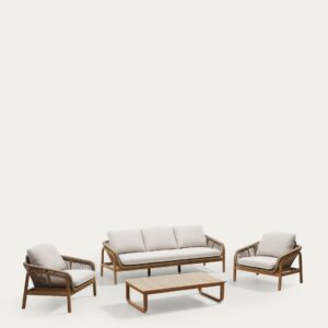 Set Vellana sofá 3 plazas, 2 sillones y mesa centro madera maciza acacia FSC 100% cuerda b