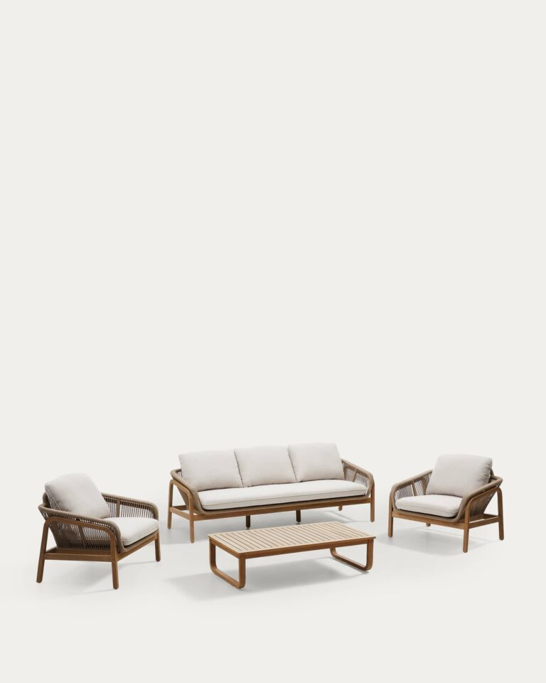 Set Vellana sofá 3 plazas, 2 sillones y mesa centro madera maciza acacia FSC 100% cuerda b