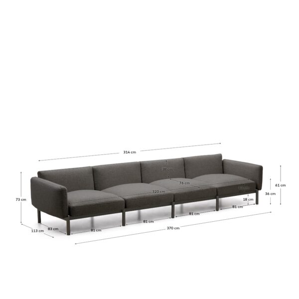 Sofá modular de exterior Sorells 4 plazas con tapizado gris y aluminio verde 370 cm