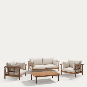 Set Sacova de 2 sillones, sofá 2 plazas y mesa de centro madera maciza eucalipto FSC 100%