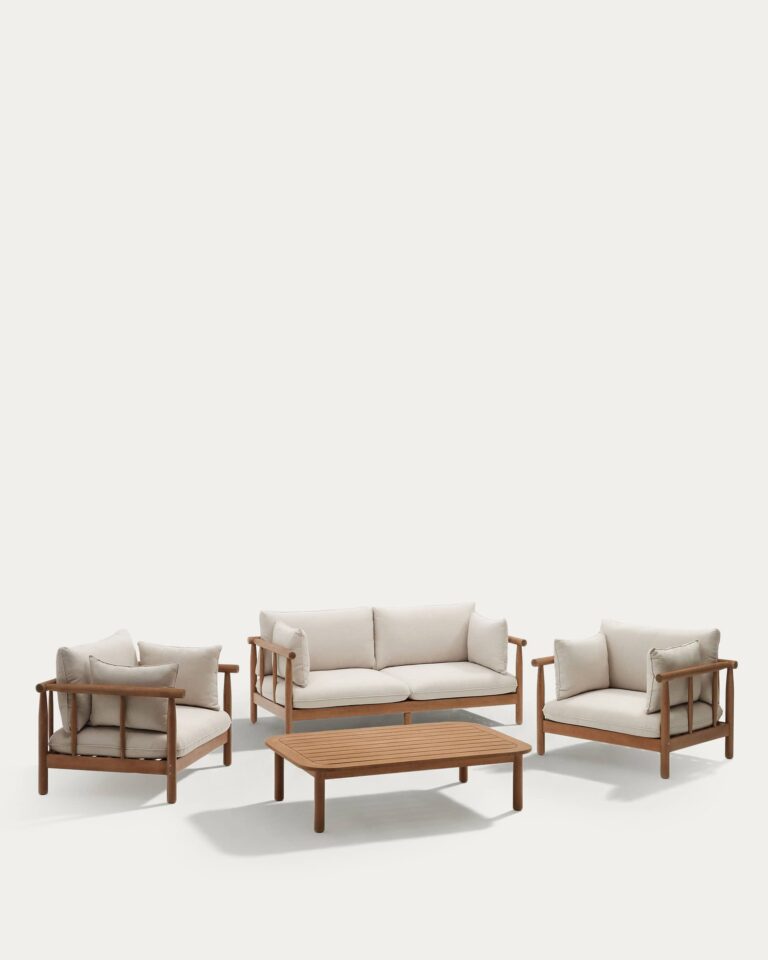 Set Sacova de 2 sillones, sofá 2 plazas y mesa de centro madera maciza eucalipto FSC 100%