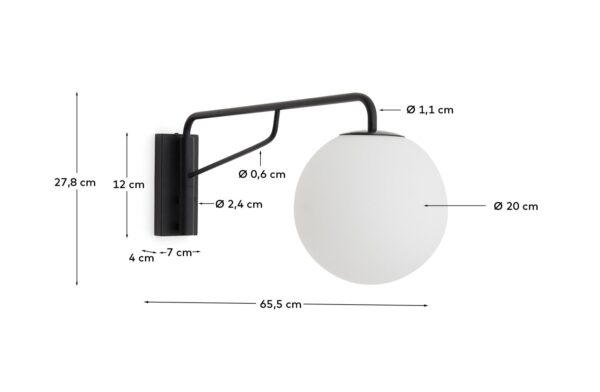 Aplique de pared Eilo de acero negro y bola de cristal glaseado