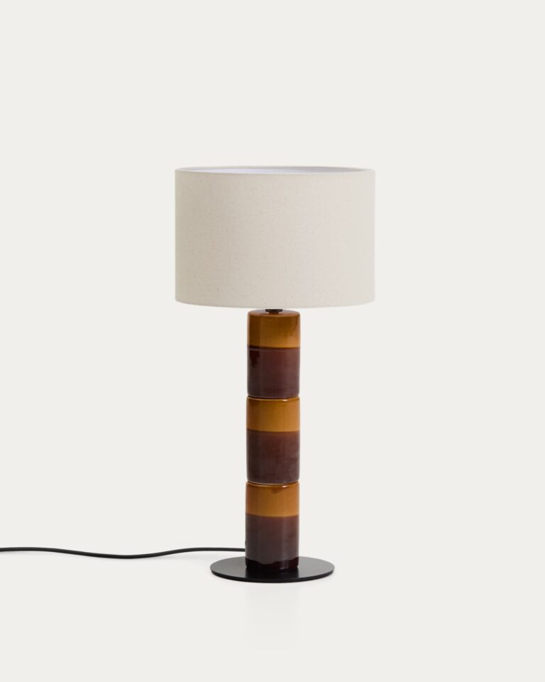 Lámpara de mesa Mavran con pie de cerámica marrón y mostaza y pantalla de algodón