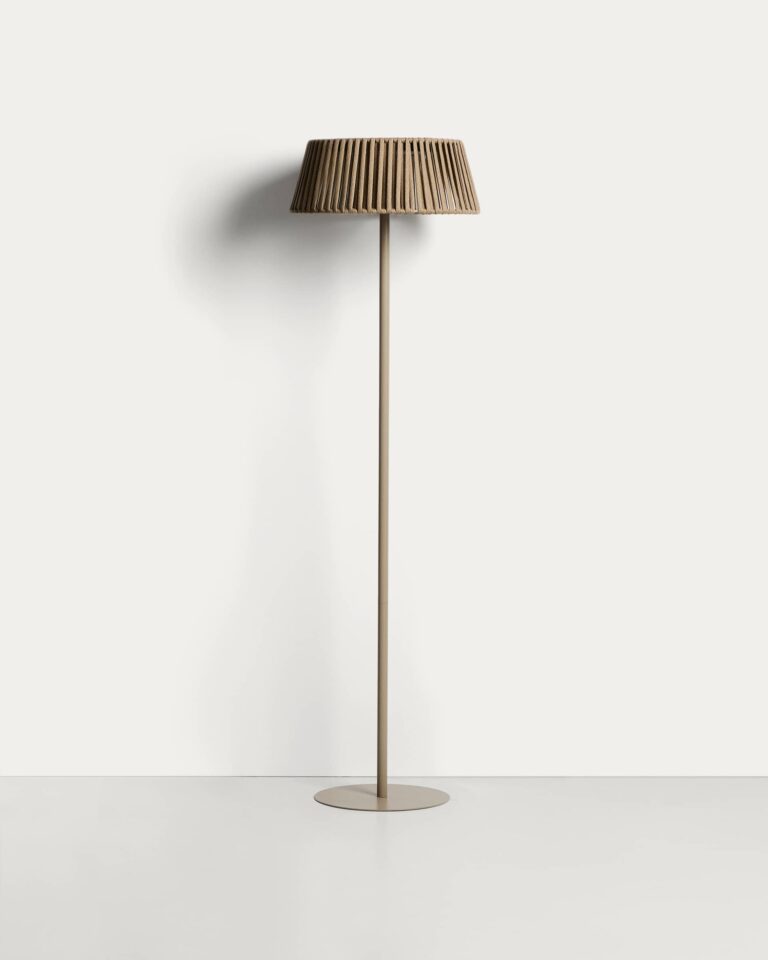 Lámpara de pie solar para exterior Aldet de cuerda plana y pie de metal beige Ø46 cm