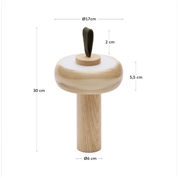 Lámpara de mesa portátil Luba de madera maciza de fresno y asa de algodón verde