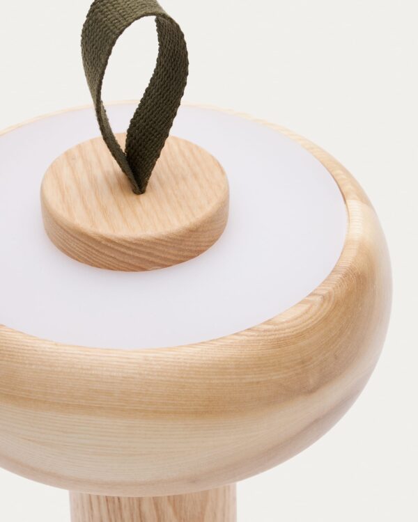 Lámpara de mesa portátil Luba de madera maciza de fresno y asa de algodón verde