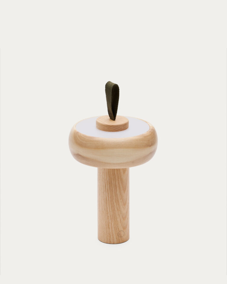 Lámpara de mesa portátil Luba de madera maciza de fresno y asa de algodón verde